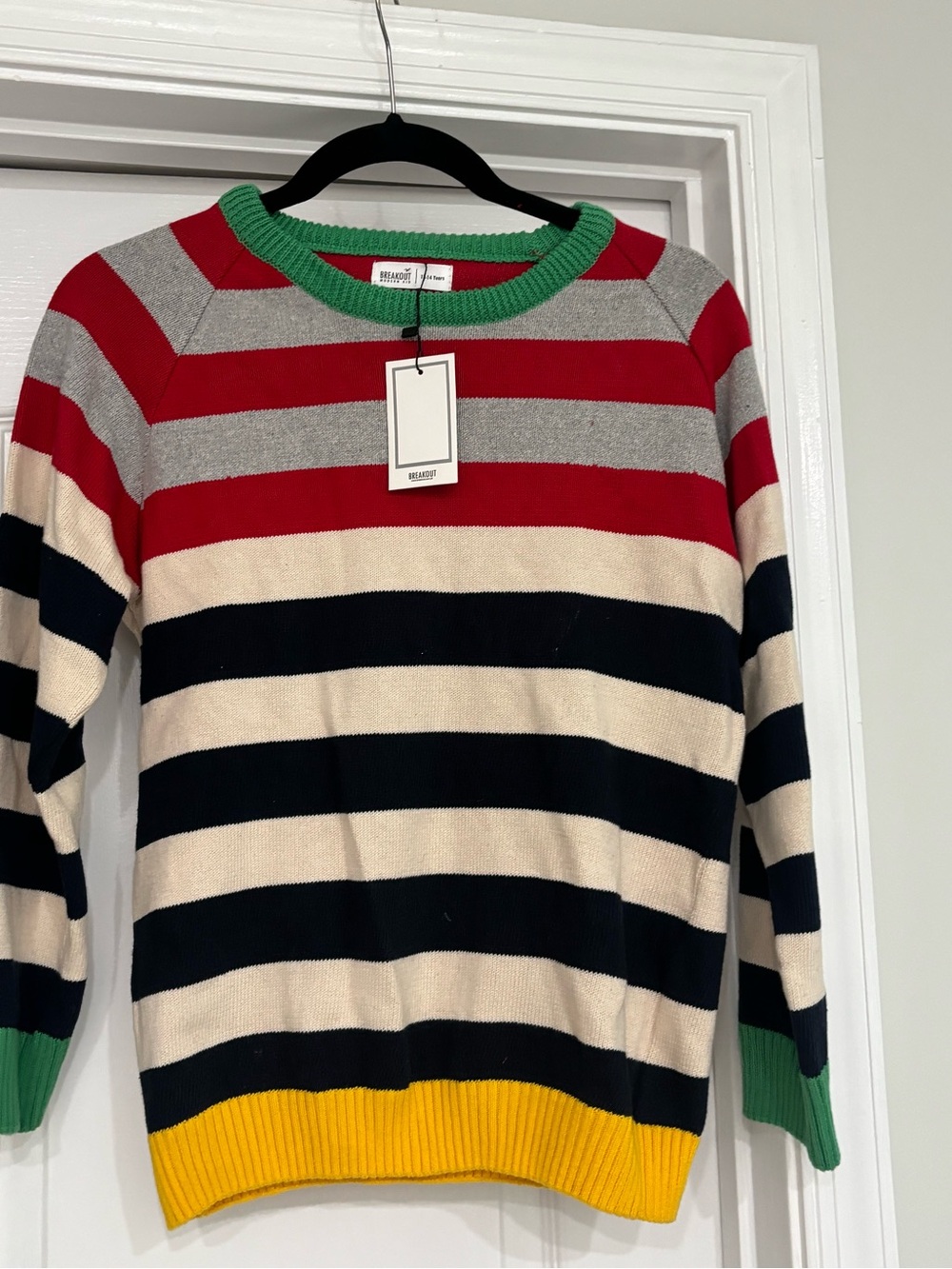 Kids Crewneck Sweater in Red, Black, Cream with Green & Yellow Trim 100% cotton